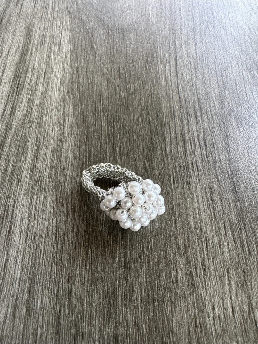 Vintage Elastic Pearl Cluster Ring Silver